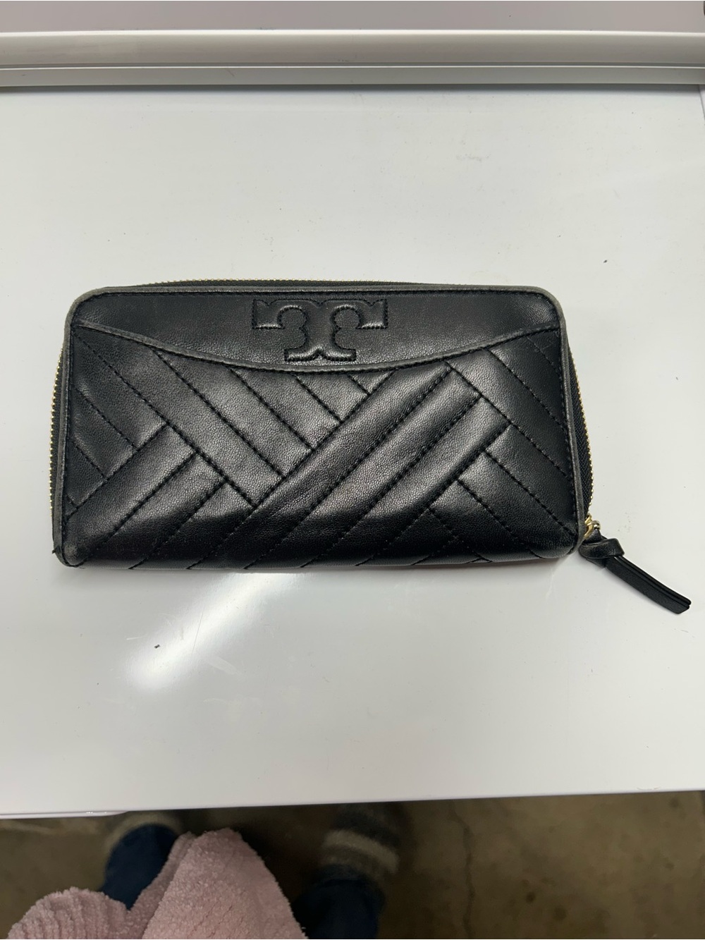 Tory Burch Black Quilted Leather Zip Wallet with Logo